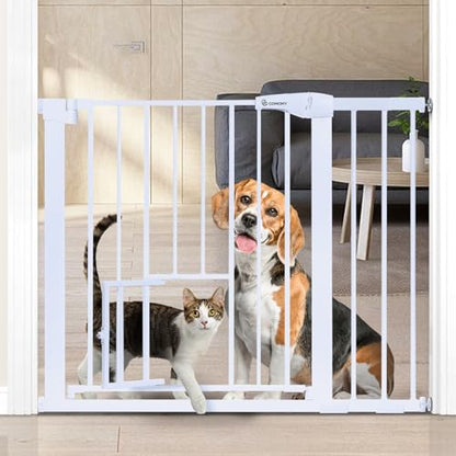 COMOMY Auto Close Baby Gate with Cat Door, 29.5"-40.5" Extra Wide Dog Gate for House Doorways Stairs, Pressure Mounted Easy Walk Thru Pet Gate, Includes 4 Wall Cups and 2 Extension Pieces, White - color: White