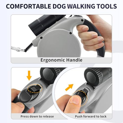 Retractable Dog Leash for Medium & Small Dogs - 16.4 Ft Pet Leash with Detachable LED Flashlight, Poop Bag Dispenser, Ergonomic Handle(Gray)