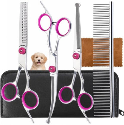 5-in-1 Pet Grooming Scissors for Dogs at Home, Stainless Steel Straight Thinning Curved Shears & Comb Pet Grooming Scissors Set with Storage Bag Hair Trimming Tools for Cat and Dog