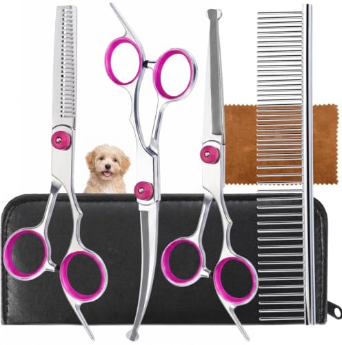 5-in-1 Pet Grooming Scissors for Dogs at Home, Stainless Steel Straight Thinning Curved Shears & Comb Pet Grooming Scissors Set with Storage Bag Hair Trimming Tools for Cat and Dog