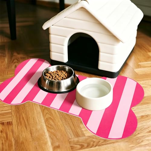 AnyDesign Bone Shaped Pet Food Mat Pink Dog Feeding Placemat Stripe Anti-Slip Waterproof Cat Feeder Pad for Pets Cats Indoor Outdoor Supplies