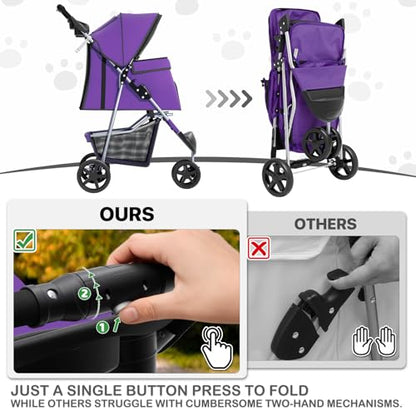 MoNiBloom 3 Wheels Pet Dog Cat Stroller for Small Medium Dogs Cats, Lightweight Foldable Jogger Stroller w/Storage Basket and Cup Holder, Purple - color: Purple