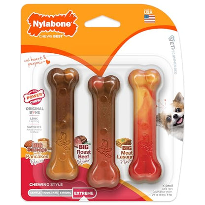 Nylabone Original Bone Power Chew Toy for Dogs, Durable Dog Toys for Aggressive Chewers, Flavor Frenzy Pancakes & Sausage, Roast Beef, & Lasagna, X-Small - Up to 15 lbs, 3 Pack - size: X-Small