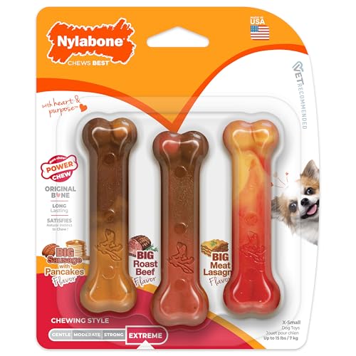 Nylabone Original Bone Power Chew Toy for Dogs, Durable Dog Toys for Aggressive Chewers, Flavor Frenzy Pancakes & Sausage, Roast Beef, & Lasagna, X-Small - Up to 15 lbs, 3 Pack - size: X-Small