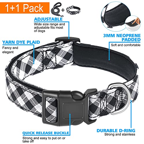 Ladoogo Reflective Dog Collar Padded with Soft Neoprene Breathable Adjustable Nylon Dog Collars for Small Medium Large Dogs (X-Small (Pack of 1), Black Plaid Collar+Leash) - color: Black Plaid Collar+Leash, size: X-Small (Pack of 1)