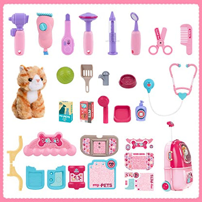 MAGIC4U Pet Cat Care Carrier Suitcase Toy, 29PCS Vet Clinic and Doctor Kit for Kids, Pet Kitty Grooming Feeding Toys, Veterinarian Pretend Play Set, Gifts for Boys and Girls Ages 3-12 | Kitty Vet Toys, Animal Doctor Kit for Toddlers, Cat Grooming Toys, Pr