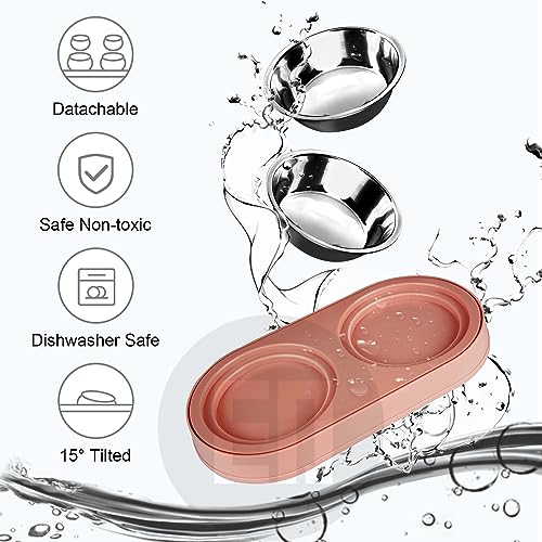 Elevated Cat Food Bowls, Raised Cat Bowl with Stand Stainless Steel, Tilted Bowls Anti Vomiting, Double Cats Food and Water Bowl Set for Cats (Pink) - color: Pink