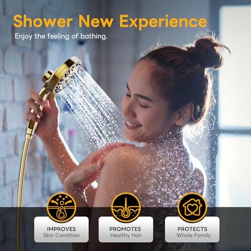High Pressure 10 Ways Handheld Shower Head Brushed Gold- Anti-clog Nozzles, Built-in Power Wash to Clean Tub, Wall & Overhead Brackets,Magnetitc Rainfall Shower Wand,Built-in 2 Power Jet - color: Brushed Gold