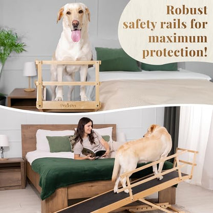 Dog Ramp for Bed with Safety Rails for High Beds up to 37" – Extra Wide 19.5" Adjustable Dog Bed Ramp for Large Dogs up to 200 lbs – Solid Birchwood, Non-Slip Rubber Surface, Foldable Design – Natural - color: Natural