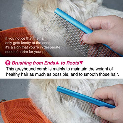 Greyhound Comb with Oval Handle for Dogs and Cats, Removing and Shedding Matted, Tangled Hair, Metal Comb with Stainless Steel Pins, Detangling Grooming Tool (9.8" Blue-20% fine pins) - color: Blue-20% fine pins, size: Medium