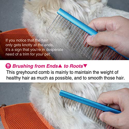 Greyhound Comb with Oval Handle for Dogs and Cats, Removing and Shedding Matted, Tangled Hair, Metal Comb with Stainless Steel Pins, Detangling Grooming Tool, Pet Comb (20% Fine Spacing)… - color: Blue-20% fine pins, size: Small (Pack of 1)