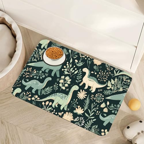 Cute Dinosaur Dog Cat Food Mat,Forest Absorbent Pet Feeding Mat with Rubber Backing,Non-Slip Water Bowl Placemat,Indoor Pet Accessories Supplies 12"x20" - color: Cute Dinosaur Forest, size: 20"L x 12"W