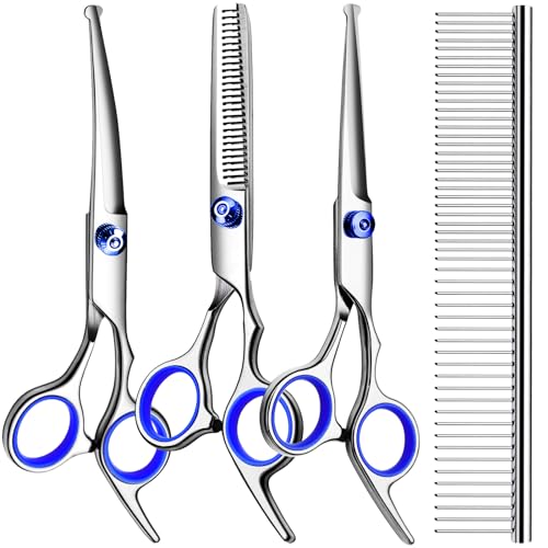 TINMARDA Dog Grooming Kit, Professional Stainless Steel Dog Grooming Scissors with Curved Shears, Blue Finger Rings - 4 Piece Sharp Durable Pet Shears for Dogs Cats At Home Salon-Quality Grooming - color: Blue, size: 4 Piece