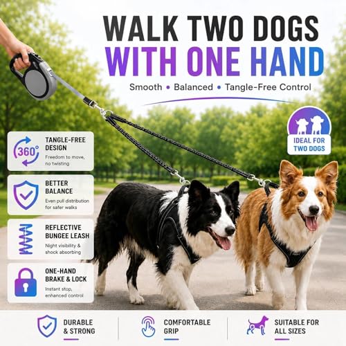 Double Retractable Dog Leash for Two Dogs Up to 50 lbs - 16 ft Coupler Leashes for Small Medium Dogs - One Locked System, Non Slip Grip, Tangle Free (Grey) - color: GREY