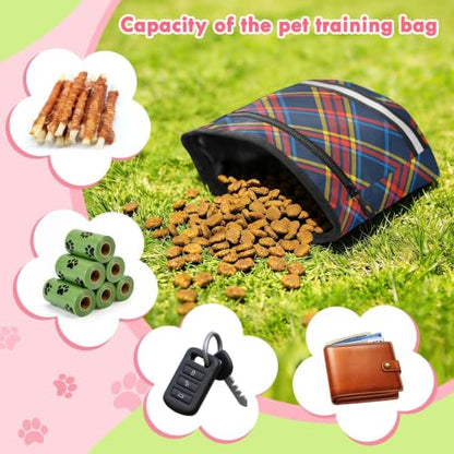 Plaid Water-Resistant Dog Treat Pouch, 3 Ways to Wear Treat Bag with Magnetic Closure & Reflective Strip, Hands-Free for Pet Training, Walking