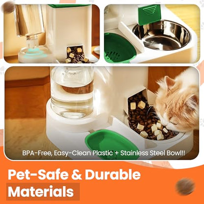 Automatic Cat Feeder & Water Dispenser – Gravity Cat Feeding Station with Stainless Steel Bowl, 2.2L Food & 1L Water Capacity, Automatic Pet Feeder for Cats & Small Dogs (Green) - color: Green