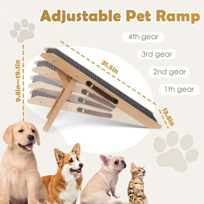 Wooden Foldable Dog Ramp for Small Dog Portable Pet Ramp,Car Ramp with Built-in Handle for Bed Car Couch Travel, 4 Adjustable Heights 9.8" to 18.1"