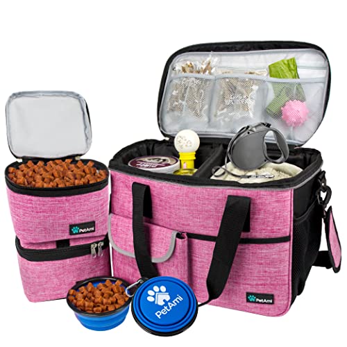 PetAmi Dog Travel Bag Organizer, Pet Travel Kit with 2 Food Containers & 2 Collapsible Dog Bowls, Pet Supplies Tote with Luggage Sleeve, Weekend Road Trip Camping Essentials, Pink, Medium - color: Pink, size: Medium - 14.5"L x 8"W x 12.0"H