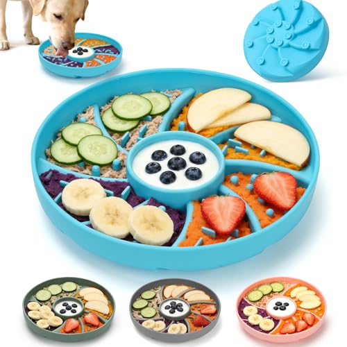 Slow Feeder Dog Bowl Silicone Suction Cup Anti Spill Dogs Cats Blue | strong suction base prevents sliding, extends mealtime, reduces anxiety, textured surface, dishwasher safe - color: Blue