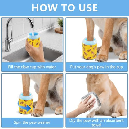 Hot Dog Yellow Pattern Dog Paw Cleaner Cup with Soft Silicone Brush, Lightweight Small Portable Muddy Paw Washer for Dogs, Easy to Use Pet Foot Cleaner