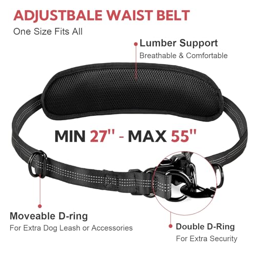 Hands Free Dog Leash, Waist Leash for Dog Walking, Hiking and Running,Adjustable Belt with Double Handle for Large Dogs and Medium Dogs, Dog Walking Accessories,Tangle Free,No Pull - color: Black/Pink