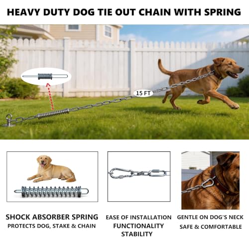 Heavy Duty Dog Tie Out Chain with Spring for Large Dogs, Stainless Steel 4MM 200LBS Chew Proof Shock Absorbing Dog Lead Cable for Yard Outside, No Tangle(1 Spring+Chain/15ft) - size: 1 Spring+Chain/15ft/4mm/200lbs