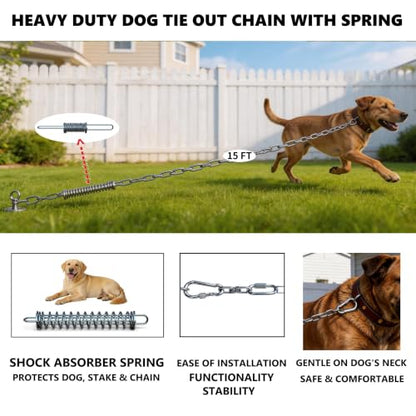 Heavy Duty Dog Tie Out Chain with Spring for Large Dogs, Stainless Steel 4MM 200LBS Chew Proof Shock Absorbing Dog Lead Cable for Yard Outside, No Tangle(1 Spring+Chain/15ft) - size: 1 Spring+Chain/15ft/4mm/200lbs