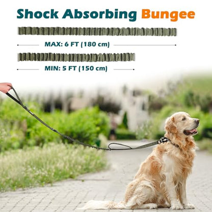 PetBonus Heavy Duty Tactical Dog Leash, 5 FT Bungee Shock Absorption Leash with 2 Padded Handles, Quick Release Metal Clip, Car Seatbelt, No Pull Training Lead for Large Medium Dogs（Army Green） - color: Army Green