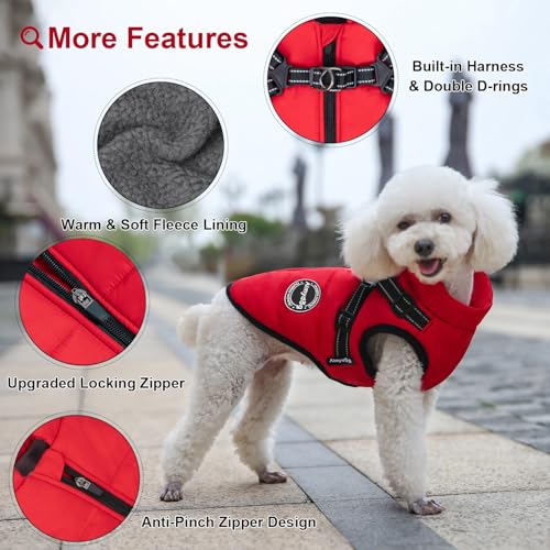 Dog Winter Coat, Warm Dog Jacket Reflective Adjustable Fleece Vest with Harness Built in, Windproof Pet Snow Jacket Snowsuit with Zipper for Small Medium Dogs, Red XS - color: Red, size: X-Small