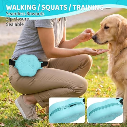 Dog Treat Pouch with Training Clicker and 2 Poop Bags, 1.8 Cup Small Sealable Zipper Silicone Fanny Pack with Waist Belt, Pet Puppy Training & Walking Essentials (Blue) - color: Blue