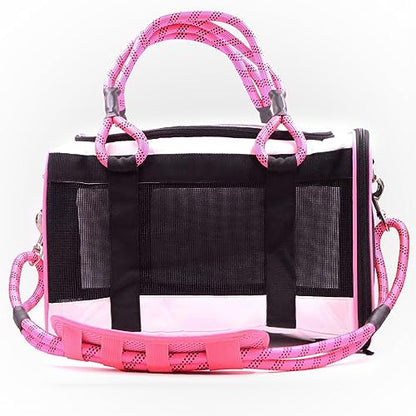 Buddy's Best Airline Approved Pet Carrier – White & Pink Heavy Duty, Fits Under Seat, TSA Compliant, Ventilated Mesh Design w/Waterproof Base & Reflective Safety Strips - color: White & Pink