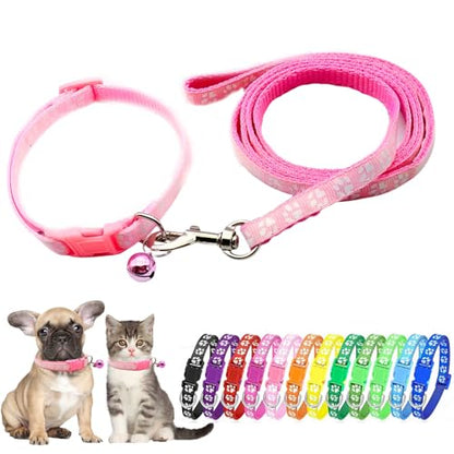 Pink Puppy Collar and Leash Set Pawprint Extra Small Dog Collars for Small Dogs Adjustable Cat Collar with Bells for Tiny Little XXS XS Small Breed Pets Kittens Girls Female - color: Pink