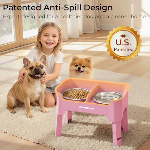 URPOWER Mess Proof Elevated Dog Bowls 4 Height Adjustable Raised Bowl Stand with 2 Stainless Steel Dog Bowls Non-Slip Food and Water Bowl Set for Small Dogs, Pink - color: Pink, size: Small