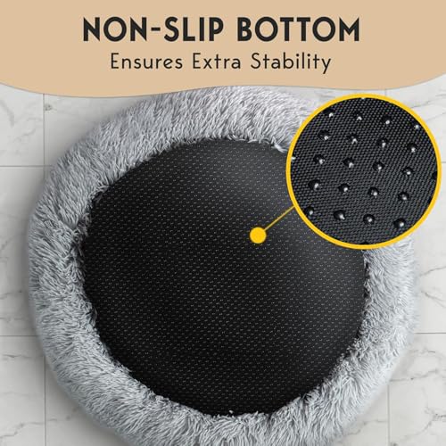 PetJett Small Dog Bed - 23'' Round Dog Beds, Calming Puppy Bed - Anti-Slip & Washable Super Soft Fluffy Plush Faux Fur Pet Bed, Anti-Anxiety Premium Comfort Donut Bed,Fits Dogs upto 25 lbs,Bright Gray - color: Bright Grey, size: Small - 23”L x 23”W x 8”Th