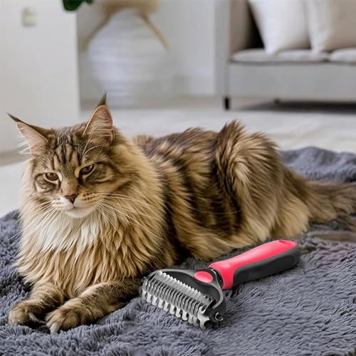 Pet Grooming Rake and Comb, Double-Sided Undercoat Detangling Dematting Tool, Stainless Steel, for Long and Short Hair Cats and Dogs (Red) - color: Red