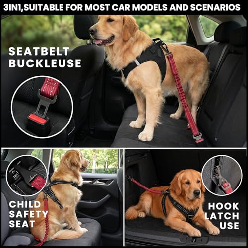 Dog Car Seat Belt 3-in-1, Escape Proof Dog Seatbelt for Car, Adjustable Pet Seat Belt with Shock Absorbing Bungee, Heavy Duty Dog Safety Belt for Small Medium Large Dogs, Red - color: Red
