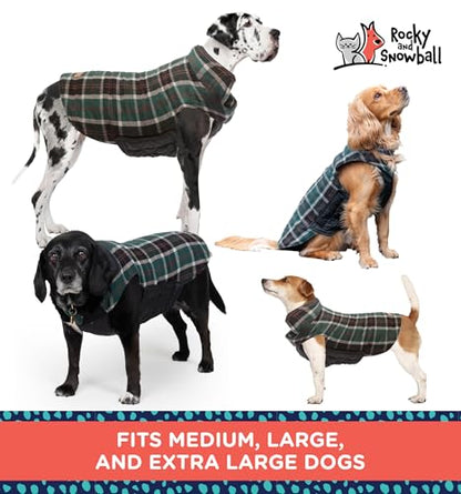 Rocky 2-in-1 Reversible Dog Jacket - Waterproof Snow Jacket for Medium & Large Dogs, Cold Weather - color: Green Tartan, size: X-Large