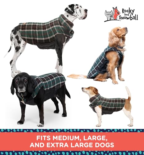 Rocky 2-in-1 Reversible Dog Jacket - Waterproof Snow Coat for Medium & Large Dogs - color: Green Tartan, size: Large