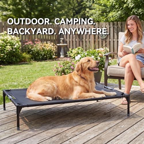 Petsfit Elevated Dog Bed for Large Dogs – Patented Anti-Sag Tension Bar, Cooling Raised Dog Cot for Outdoor/Camping/Indoor, Teslin Mesh, Non-Slip Frame, 42" - size: M-42"