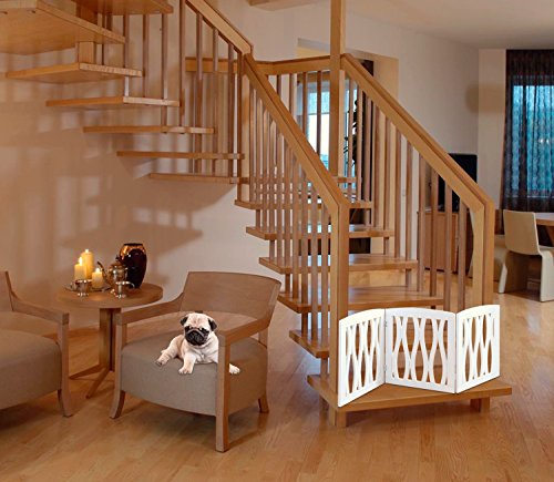 Wooden Pet Gate, Foldable and Freestanding, For Indoor Home and Office Use. Keeps Pets Safe [White Cascade Wave Decorative Design. Easy Set Up, No Tools Required]