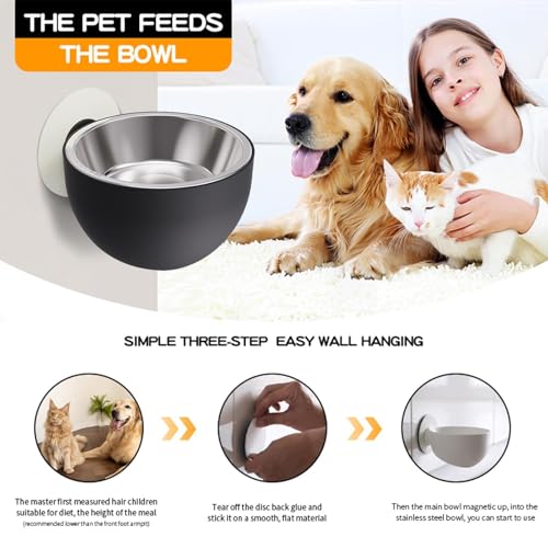 Elevated Cat Bowls - Elevated Pet Bowl Magnetic Dog Food Bowls, Cat Serve Ware | Black, White, Stainless Steel + PP Wall Mount Raised Puppy Food Bowl Dishwasher Safe for Pets Feeding - color: Black
