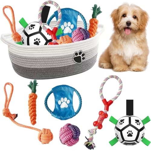 7 Pcs Puppy Dog Toys Storage Basket Set Dog Gift Chew Toys for Teething Squeaky Plush Duck Rope Woven Basket with Handles for Small Puppy - color: Green, size: Small Size 4
