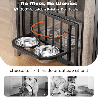 Lulive Dog Crate Furniture, Wooden Dog Kennel Indoor with Adjustable 360°& Height Dog Bowls, Double Doors Furniture Dog Crates End Table for Small/Medium 31.5" L*22.5" W*25.6" H, Grey