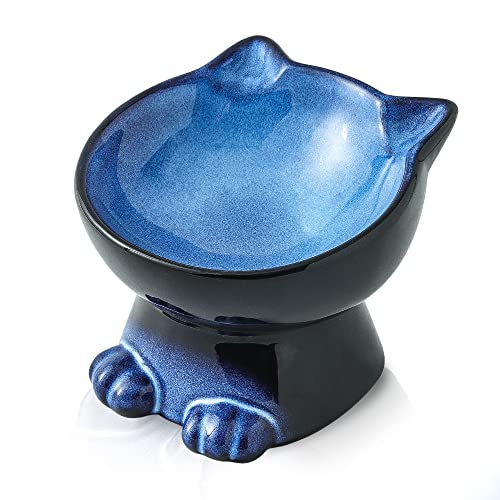 Nihow Elevated Cat Bowls,6 Inch Ceramic Raised Cat Food Bowl for Feeding | Slanted,Whisker Friendly,for Protecting Pet's Spine,Microwave & Dishwasher Safe ,Elegant Blue & Black,6.8 OZ - color: Blue & Black, size: 6.8 OZ
