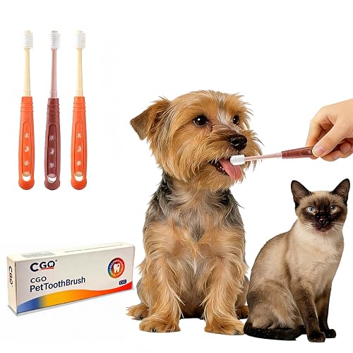 CGO Silicone 360° Toothbrush for Small Dogs & Cats - 3 Pack Round Head Pet Toothbrush, Gentle Chewable Brush with Soft Bristles, Dental Care Kit for Puppy Kitten Oral Hygiene (2 Orange, 1 Brown) - color: 2 Orange and 1 Brown