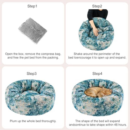 Dog Calming Beds for Small Medium Large Dogs - Round Donut Washable Puppy Dog Bed, Anti-Slip Faux Fur Fluffy Donut Cuddle Anxiety Cat Pet Bed (24" Flower) - color: Flower, size: 24"L x 24"W x 8"Th