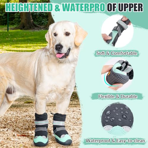 SlowTon Dog Shoes - Waterproof Dog Snow Boots for Winter, Warm Booties with Non-Slip Rubber Sole, Reflective Paw Protector for Large Small Medium Dogs Walking on Winter Cold Pavements Rain (Green, 8)