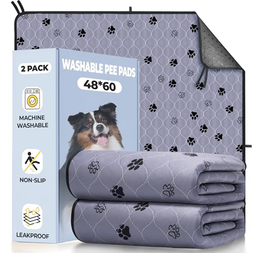 Fostanfly Non-Slip Washable Pee Pads for Dogs, 2 Pack 48''x60'' Extra Large Ultra-Absorbent and Leak-Proof Reusable Potty Training Pads for Dogs, Puppy and Cats of Add 8 Lanyards - color: Gray, size: 48*60 Inch (Pack of 2)