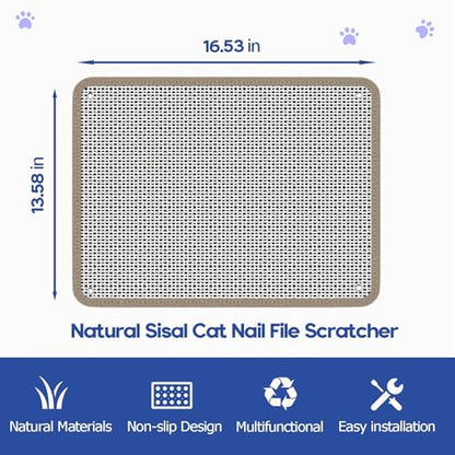 Cat Nail File Scratcher - Natural Sisal Scratch Mat with 80-Grit Aluminum Oxide, Adhesive Sheets & Expansion Screws for Secure Wall/Floor Mounting, Ideal for Trimming Cat Claws (16.53"x13.38") - size: 16.53"x13.38"