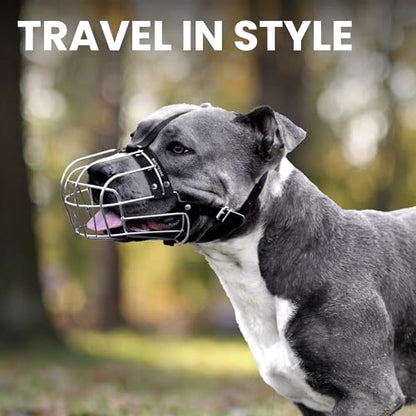 BRONZEDOG Pitbull Dog Muzzle Metal Mask Amstaff Wire Basket Pit Bull Adjustable Leather Straps for Large Dogs (Black) - color: Leather, Black Metal